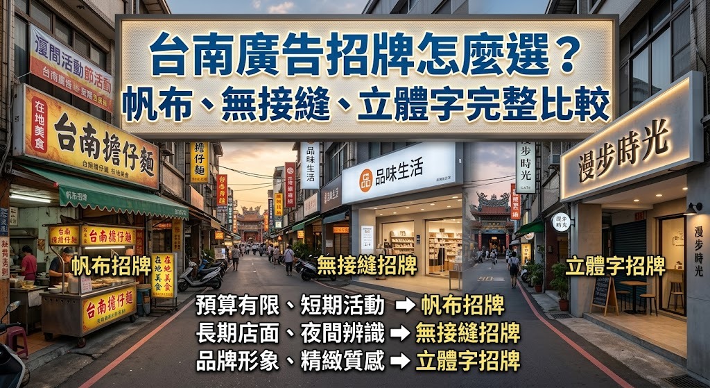 台南廣告招牌怎麼選？帆布招牌、無接縫招牌、立體字招牌完整比較