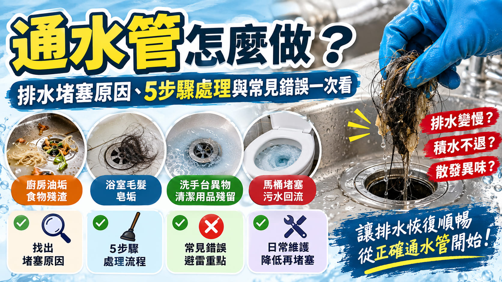 通水管怎麼做？排水堵塞原因、5步驟處理與常見錯誤一次看