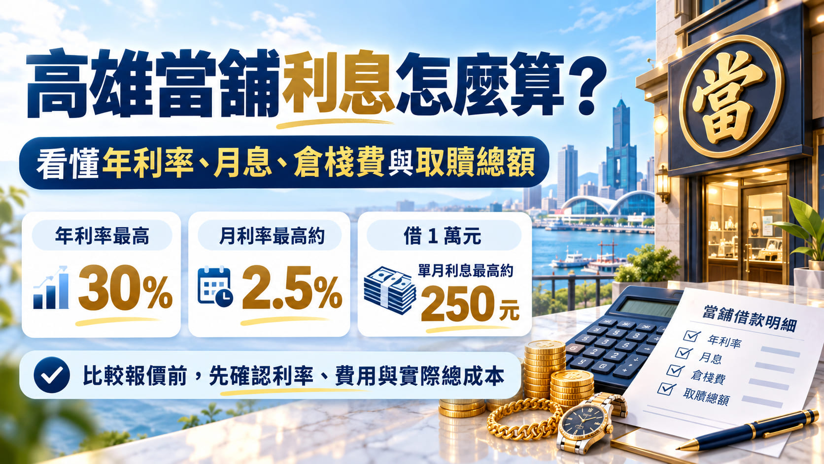 高雄當舖利息怎麼算？月息、年利率、倉棧費與取贖總額一次看懂