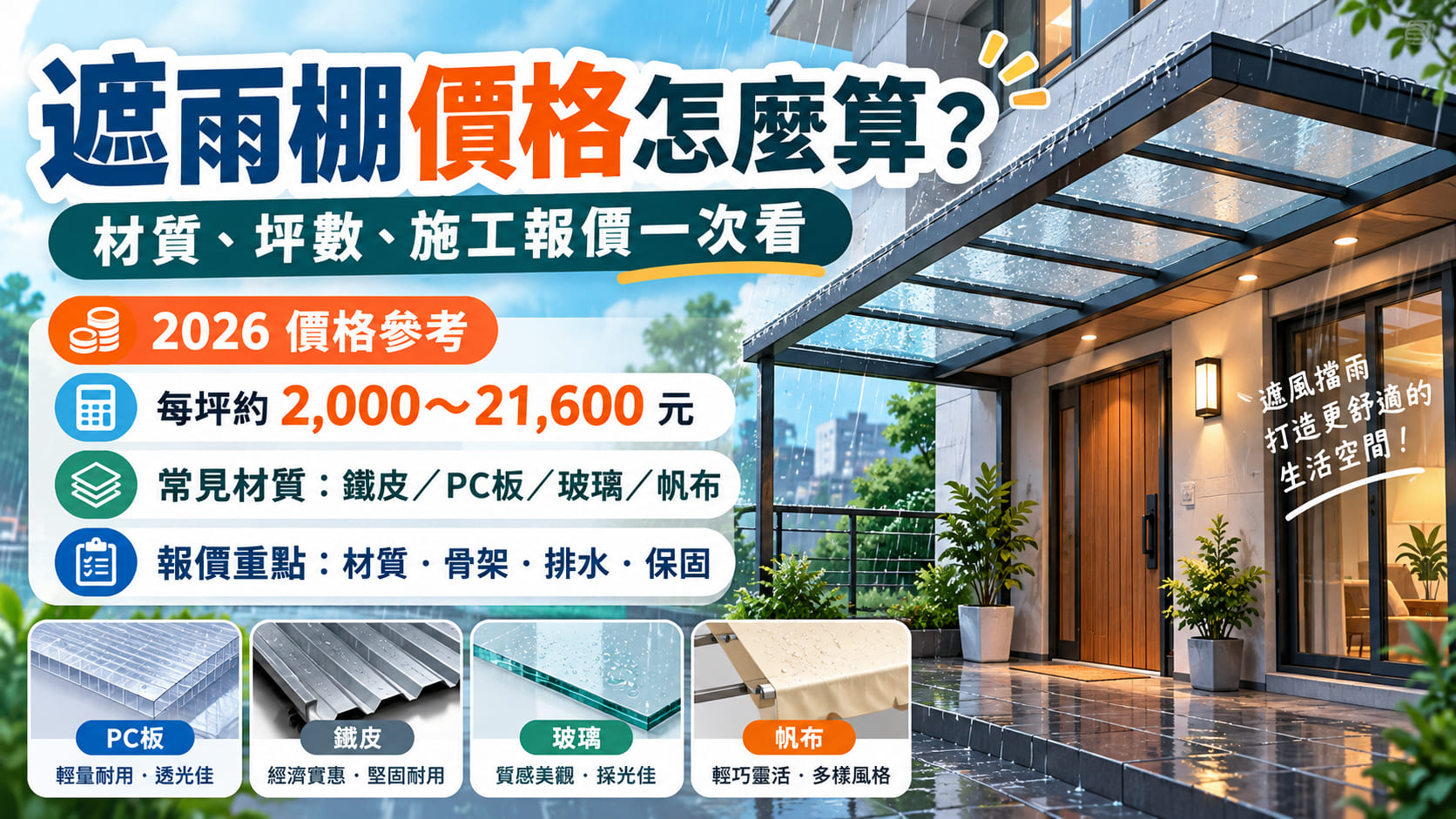 遮雨棚價格怎麼算？2026材質費用、施工報價與安裝注意事項一次看